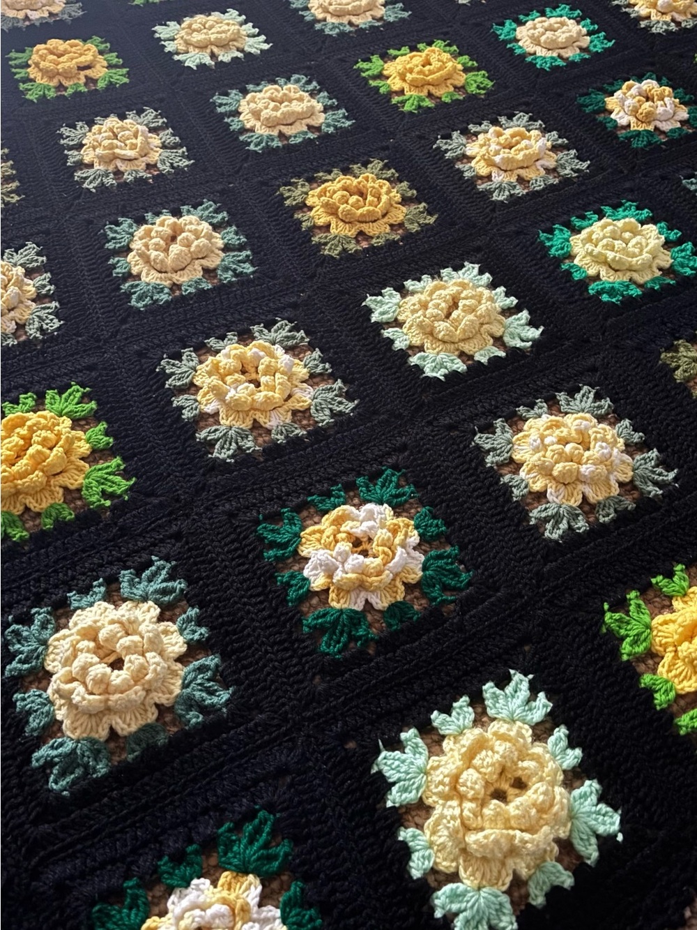 Handmade Black Crochet Floral Throw Blanket with Yellow Roses